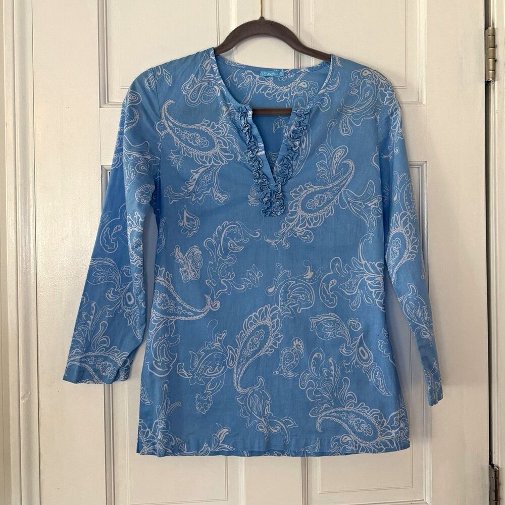 J. McLaughlin Womens XS Blue White Paisley Tunic V-Neck Ruffle 3/4 Sleeve